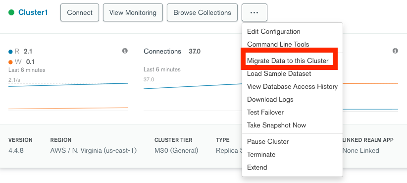 This image highlights the Migrate Data to this Cluster option on a cluster card in Atlas.