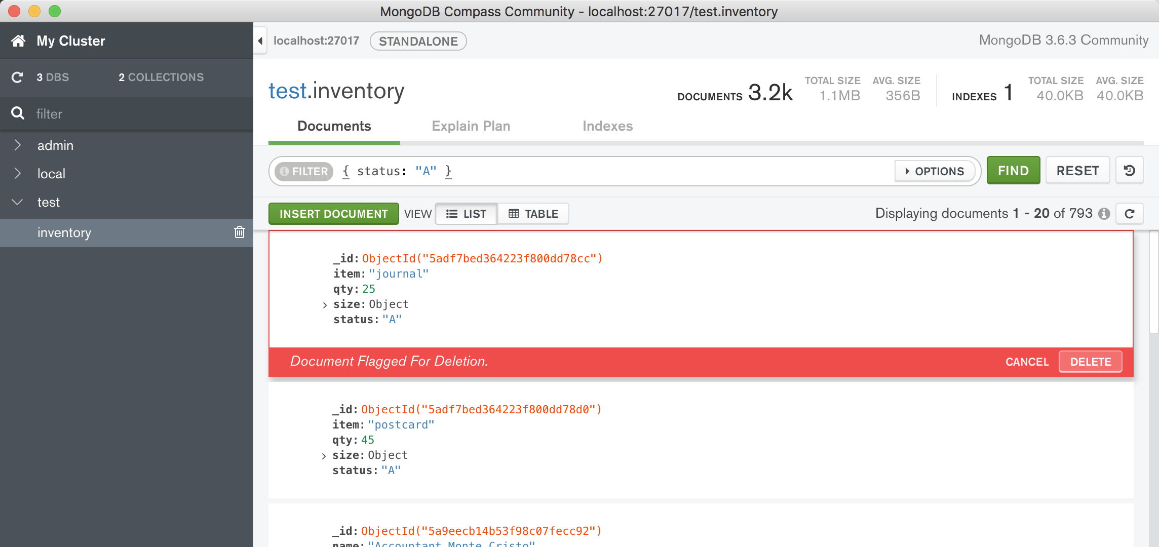 Screenshot of the MongoDB Compass UI with a filter for all documents where the "status" field value is "D". The first document is flagged for deletion with a red bar and a button to cancel or confirm the deletion.