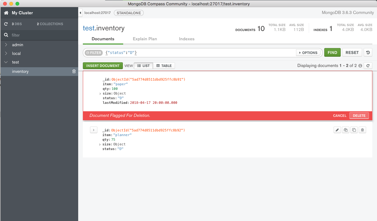 Screenshot of the MongoDB Compass UI with a filter for all documents where the "status" field value is "D". The first document is flagged for deletion with a red bar and a button to cancel or confirm the deletion.