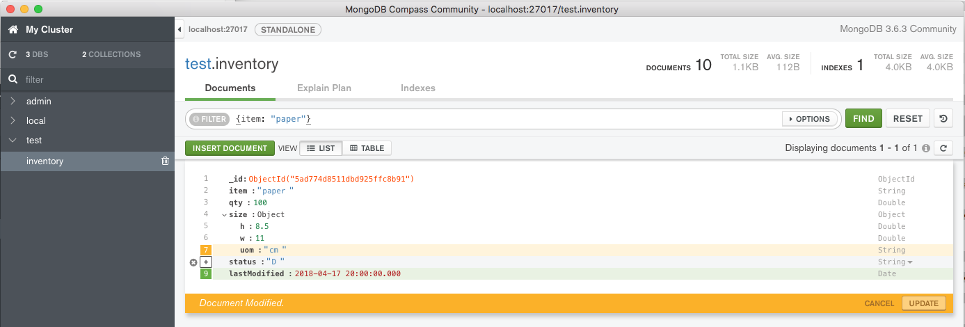 Screenshot of the MongoDB Compass interface where the "Update" button is selected to finalize the changes made to a document.