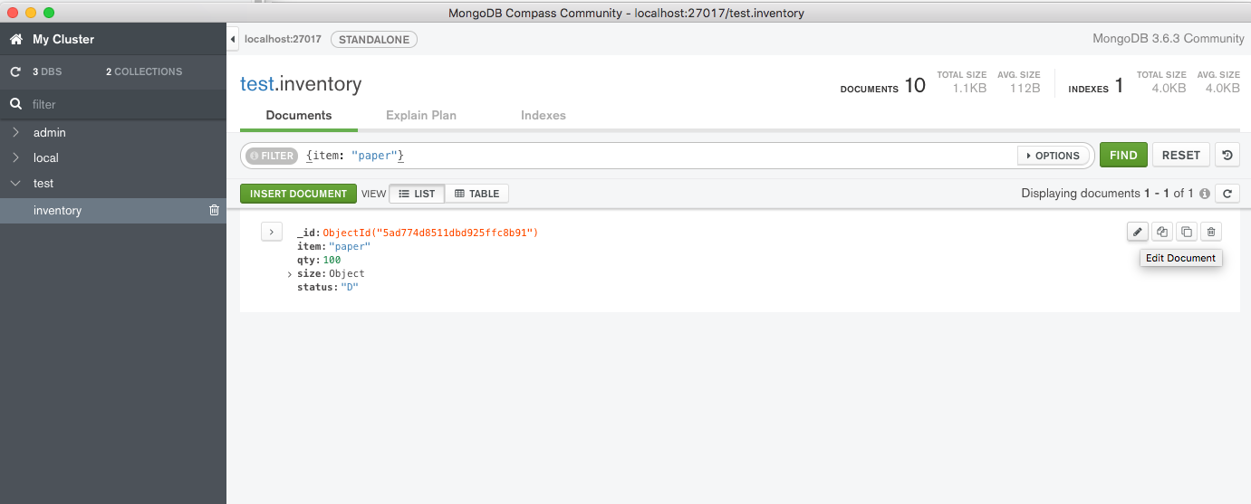 Screenshot of the MongoDB Compass interface searching for documents in the inventory collection in the test database where the "item" field value is "paper". One document is displayed.