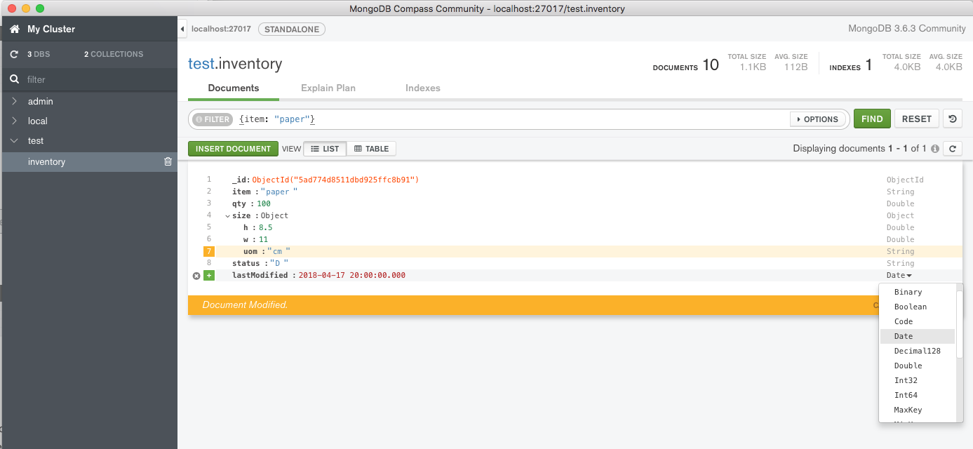 Screenshot of the MongoDB Compass interface where the first returned document has been edited to change the size.uom field value to "cm" and add a lastModified date field with value 2018-04-17.