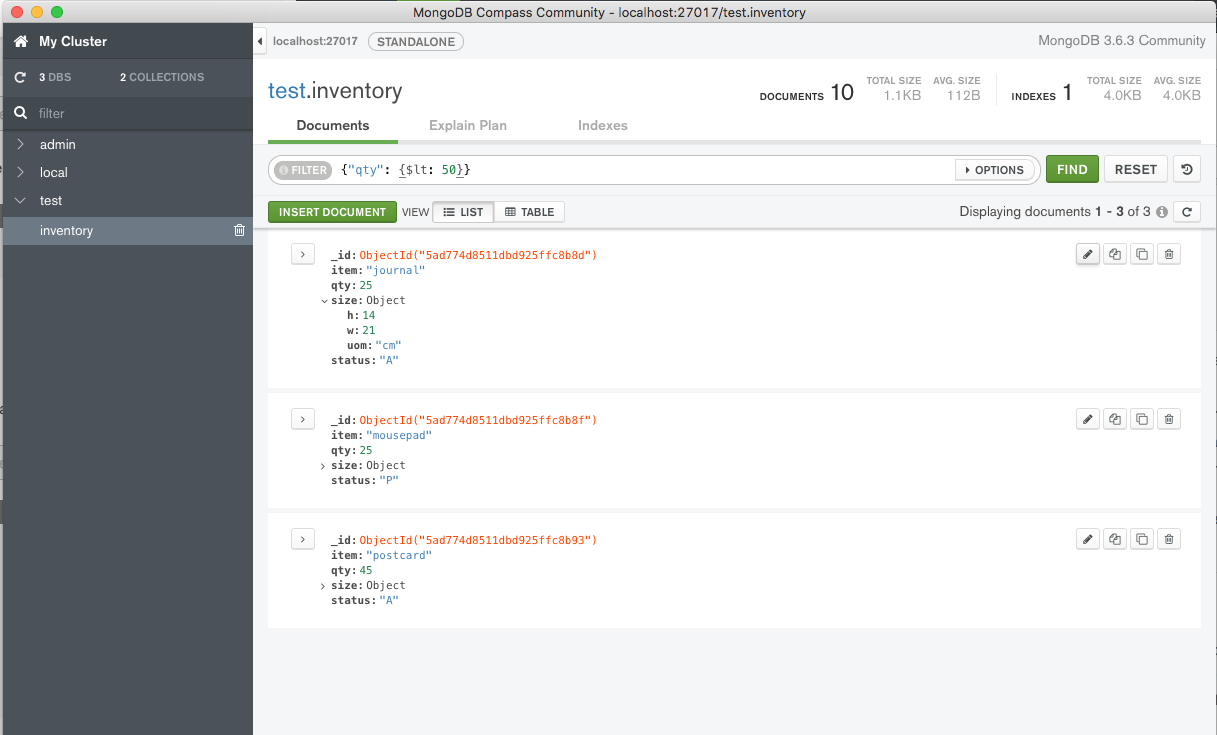 Screenshot of the MongoDB Compass UI with a filter for all documents where the qty field values is less than 50. The edit button is moused over for the first returned document.
