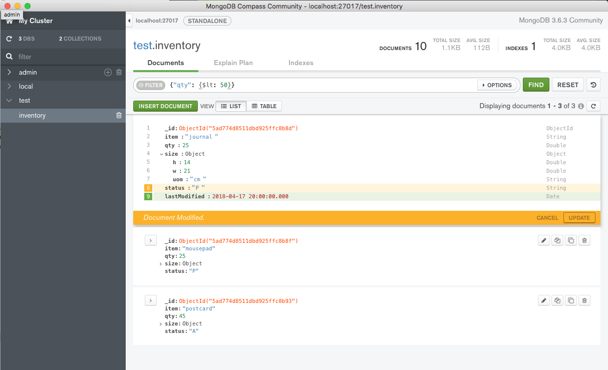 Screenshot of the MongoDB Compass interface where the first returned document has been edited to change the status field value to P and add a lastModified date field with value 2018-04-17.
