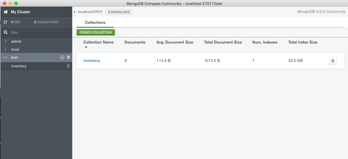 Screenshot of the MongoDB Compass UI showing with the "test" database selected in the list of databases in the cluster.